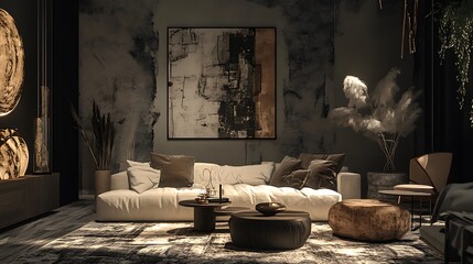 Modern Living Room Interior with White Sofa, Abstract Artwork, and Wooden Accents