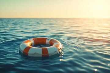 Naklejka premium Lifebuoy floating on calm sea with hopeful sun rays and ample copy space for your message