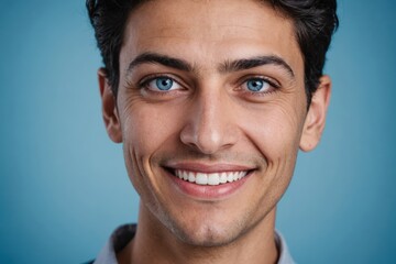 Fototapeta premium Full framed very close face portrait of a smiling 40s arabic non binary with blue eyes looking at the camera, studio shot,blue background.
