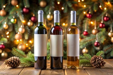 Christmas mockup featuring three wine bottles with blank labels, set against festive decorations...