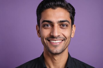 Obraz premium Full framed very close face portrait of a smiling 40s arabic non binary with violet eyes looking at the camera, studio shot,violet background.