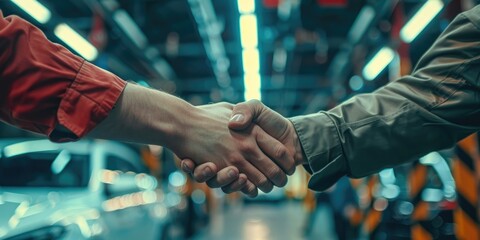 Male automotive technician and customer shaking hands following vehicle repair in a contemporary service center from a low angle perspective.