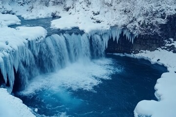 Winter wonderland  snow capped waterfall flowing into the stunning blue pond of biei river