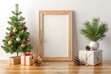  Small vertical wooden frame mockup with Christmas decorations, including a miniature Christmas tree, pinecones, and wrapped gifts. Ideal for displaying holiday artwork or festive designs.