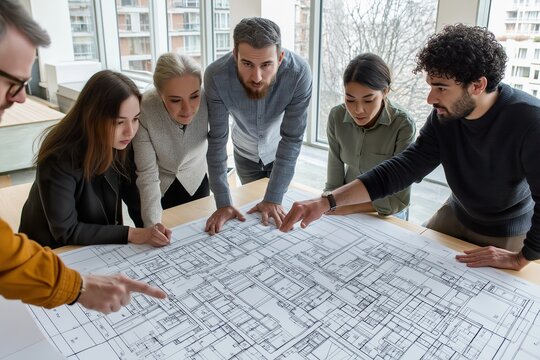 A diverse team of architects collaborates on a building project while gathered around a detailed architectural blueprint indoors