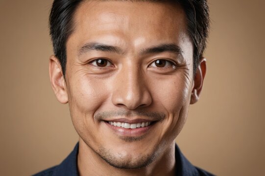 Full framed very close face portrait of a smiling 40s asian man with hazel eyes looking at the camera, studio shot,hazel background. - Powered by Adobe