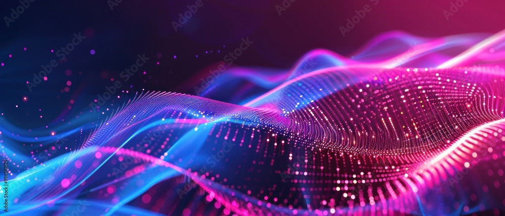 Poster futuristic technology background with flowing digital waves of glowing dots and lines.