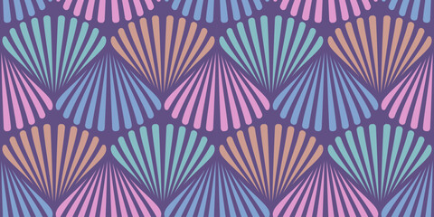 Retro seamless marine pattern with colorful shells. Vintage pattern of shells in 60s style.