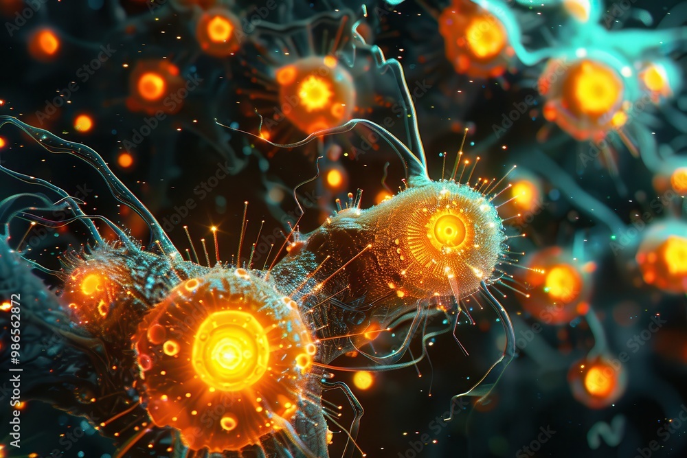 Leinwandbilder microscopic view of glowing microorganisms in a dark environment, showcasing vibrant colors and intr