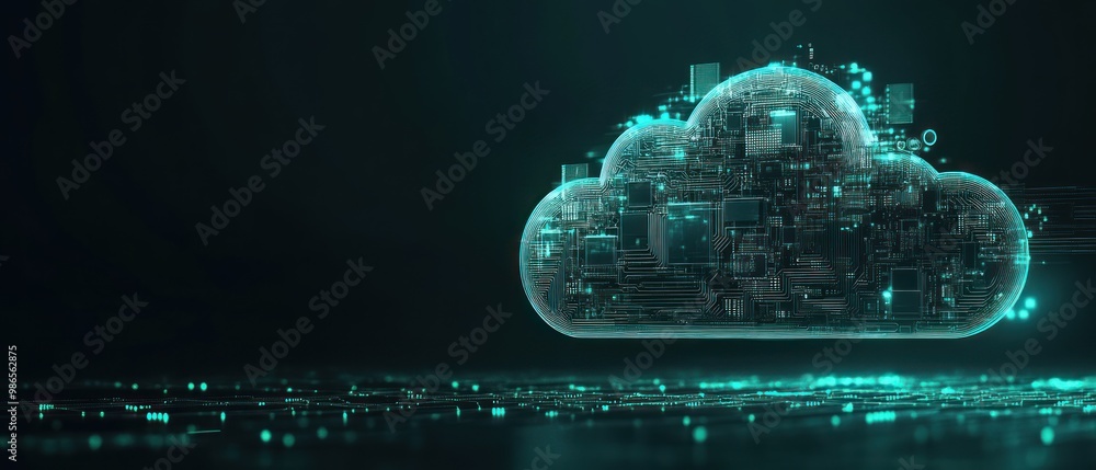 Poster a digital representation of cloud computing with glowing blue lines and a cloud-shaped icon. the ima