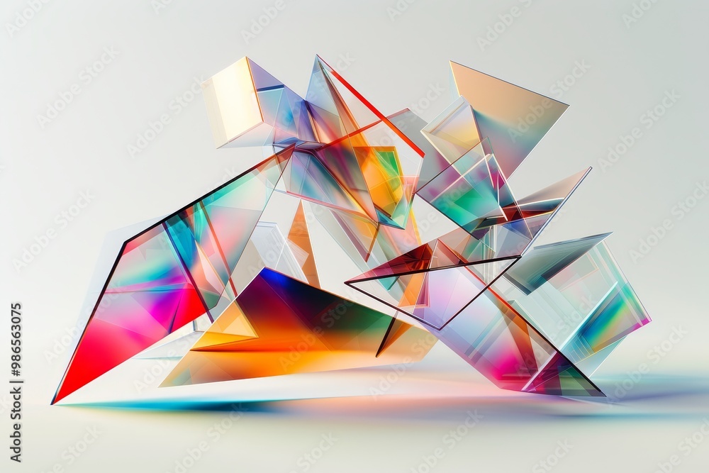 Poster intricate arrangement of colorful crystal shards reflecting light during a sunny afternoon, showcasi