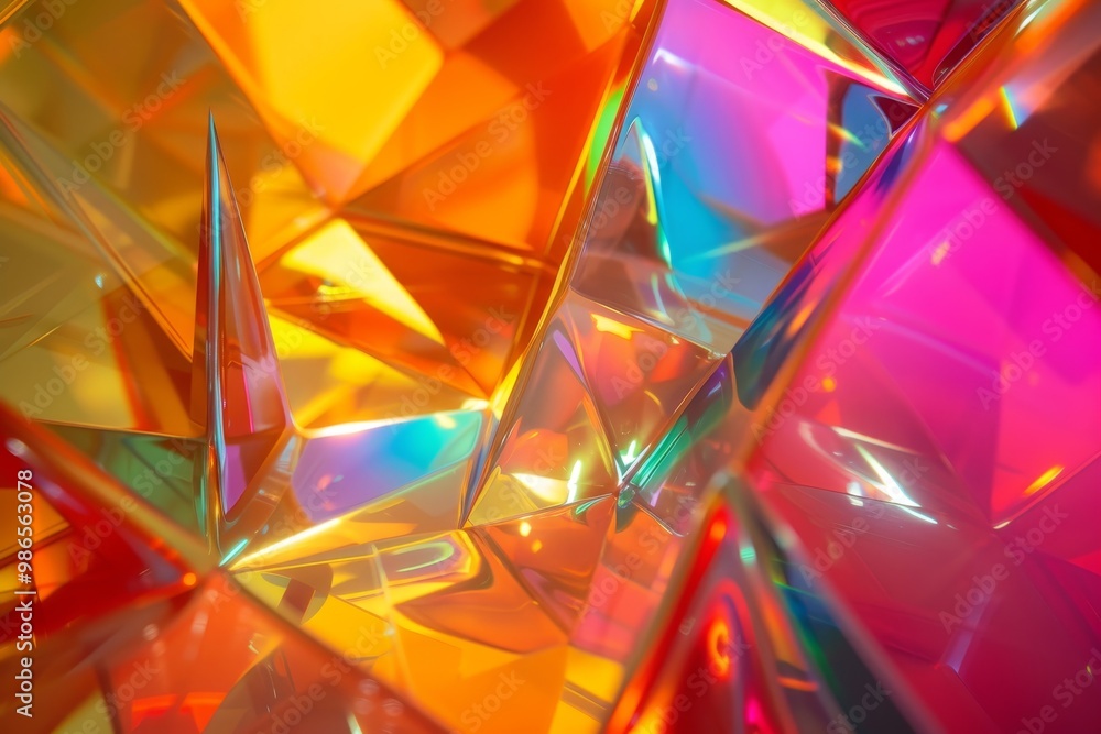 Poster intricate arrangement of colorful crystal shards reflecting light during a sunny afternoon, showcasi