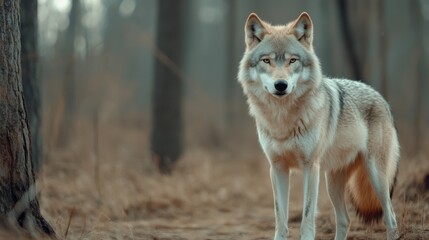 A lone wolf standing in the middle of a forested area, AI