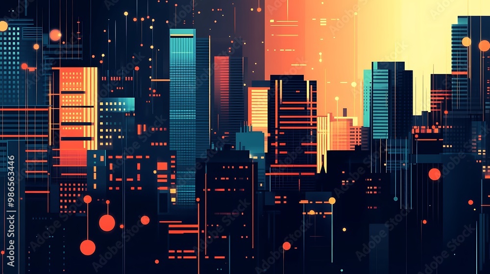 Poster an abstract representation of a cityscape with glowing lines and circles