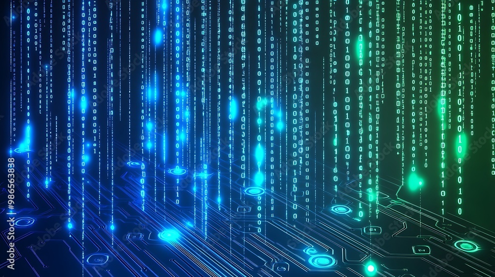 Aufkleber Abstract digital background with binary code flowing down in blue and green.