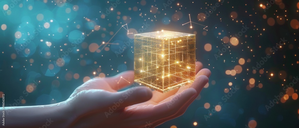 Poster hand holding a hovering digital cube above the palm. cube technology background.