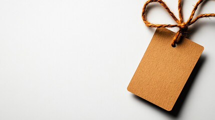 A blank brown tag with a twine loop placed on a clean white background, ideal for labeling or gift decoration.