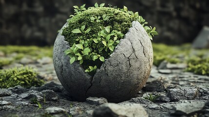 Cracked sphere with moss and green plants growing from its surface