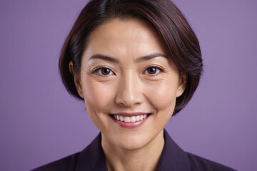 Fototapeta premium Full framed very close face portrait of a smiling 40s japanese woman with violet eyes looking at the camera, studio shot,violet background.