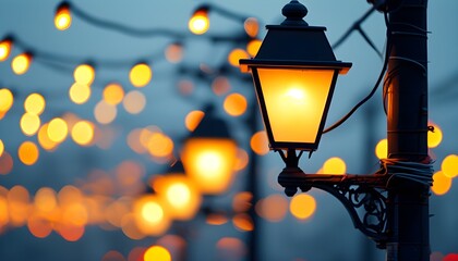 Urban night scene with a close-up of a streetlight on an electric pole, surrounded by beautiful blurred bokeh lights