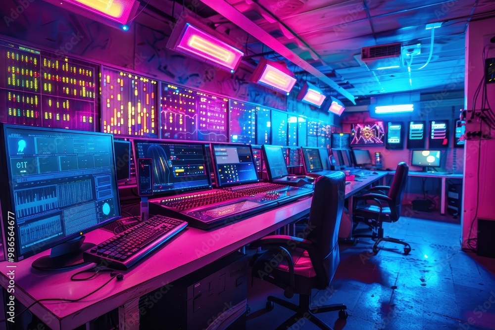 Poster High-tech data center filled with multiple monitors displaying vibrant visualizations and analytics in a modern workspace