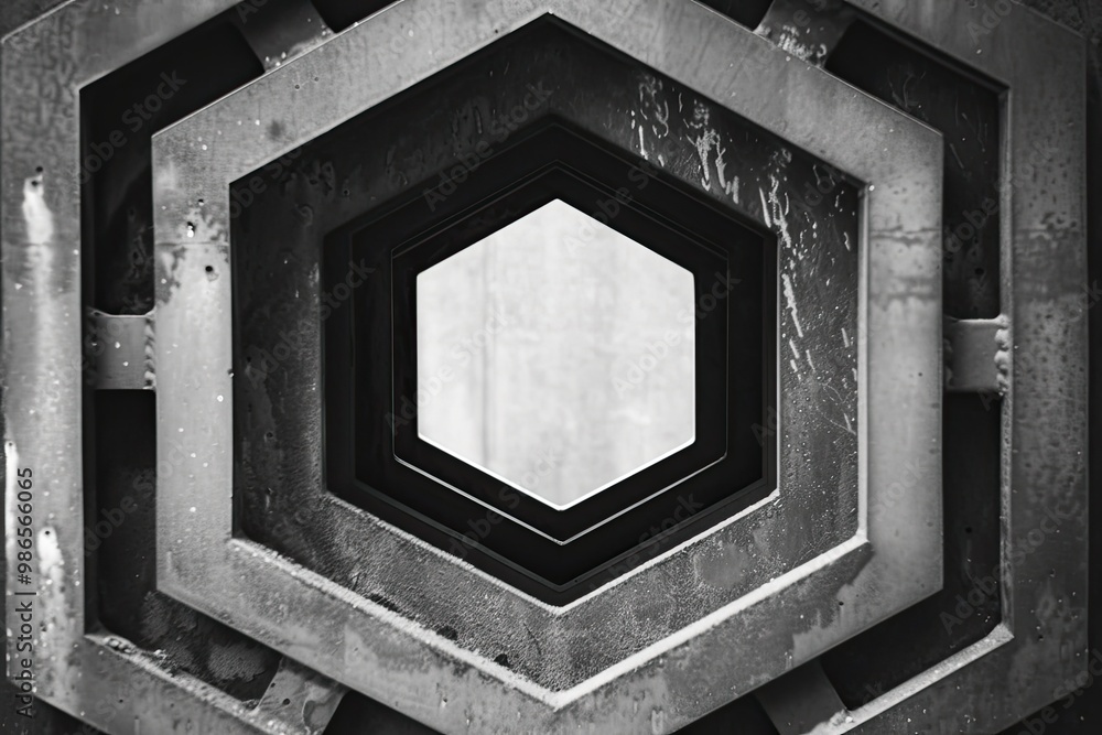 Poster A close-up view of a hollow hexagonal structure revealing concentric hexagons in a modern urban setting, showcasing industrial design and geometric patterns in black and white