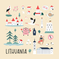 Decorative poster with hand drawn landmarks, symbols of Lithuania