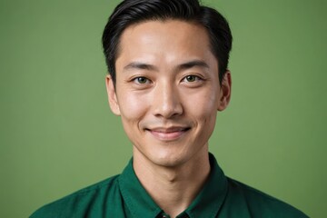 Fototapeta premium Full framed very close face portrait of a smiling 40s chinese non binary with green eyes looking at the camera, studio shot,green background.