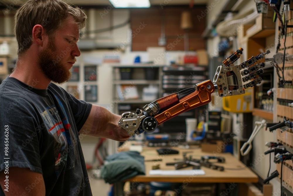 Fototapete a technician with advanced prosthetic arms conducts experiments in a robotics lab, showcasing innova