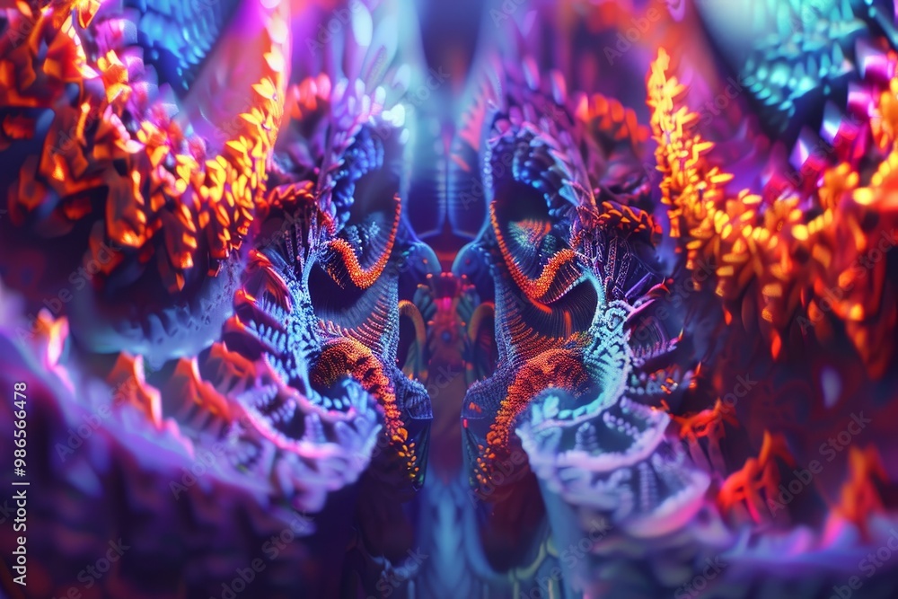 Poster Abstract close-up of colorful crystal formations reflecting light in intricate patterns during bright daylight