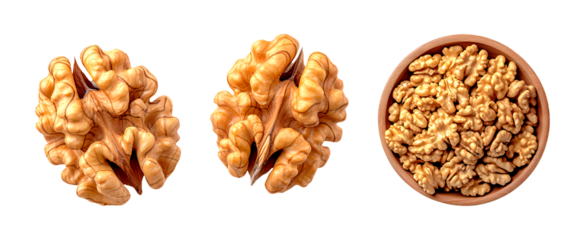 Walnut halves and shelled walnuts in a wooden bowl on a transparent background