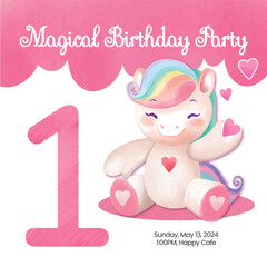 Cute Unicorn 1st Birthday Invitation - Magical Birthday Party Illustration