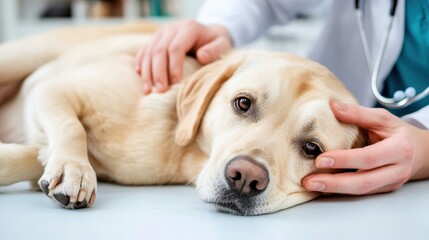 A dog laying on a table with its head resting in the lap of an adult, AI