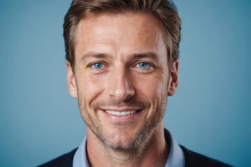 Fototapeta premium Full framed very close face portrait of a smiling 40s caucasian man with blue eyes looking at the camera, studio shot,blue background.