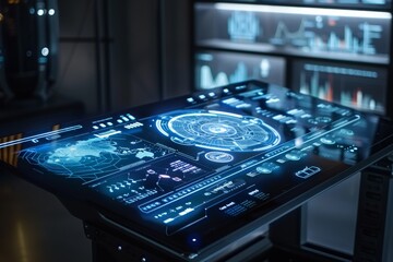 A high-tech futuristic display showcasing advanced data visualization and analytics in a modern control room during nighttime