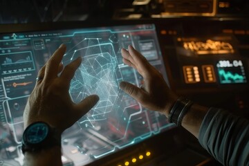 A high-tech futuristic display showcasing advanced data visualization and analytics in a modern control room during nighttime