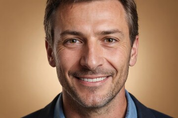 Obraz premium Full framed very close face portrait of a smiling 40s caucasian man with hazel eyes looking at the camera, studio shot,hazel background.