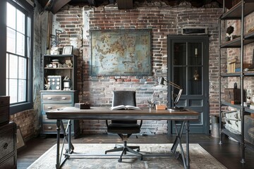 Stylish modern office with exposed brick walls, wooden beams, and contemporary furniture in a cozy workspace filled with books and greenery