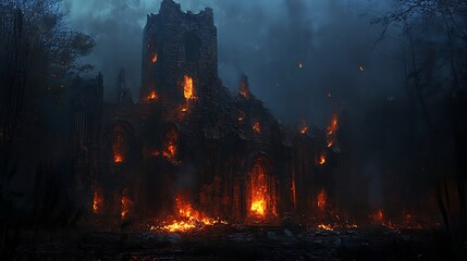 A Ruined Gothic Church Engulfed in Flames