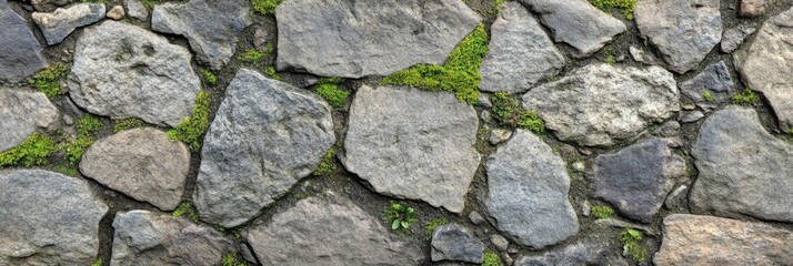 Obraz premium Rough stone pavement texture with worn surfaces and moss growing between