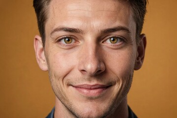 Obraz premium Full framed very close face portrait of a smiling 40s caucasian non binary with amber eyes looking at the camera, studio shot,amber background.