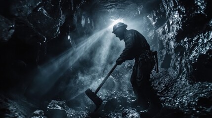 Obraz premium A miner is hard at work in a coal mine, covered in dust and illuminating the darkness with a pickaxe. Shafts of light break through the cave's openings, highlighting the tough conditions