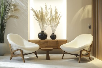 Two White Furry Armchairs with Wooden Frames in a Minimalist Living Room Setting