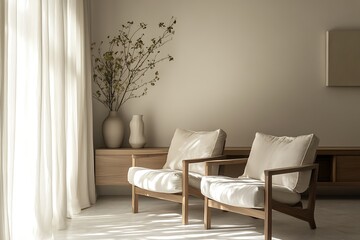 Two White Armchairs in a Minimalist Interior with a Vase of Branches