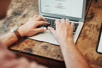 Hands, typing and screen of laptop, desk and resume writer in on cafe, professional and creative....