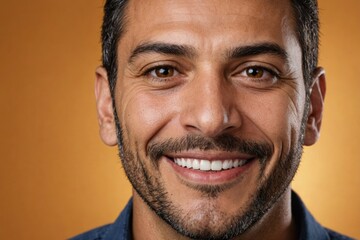 Obraz premium Full framed very close face portrait of a smiling 40s hispanic man with amber eyes looking at the camera, studio shot,amber background.