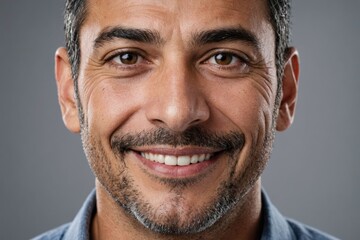 Obraz premium Full framed very close face portrait of a smiling 40s hispanic man with gray eyes looking at the camera, studio shot,gray background.