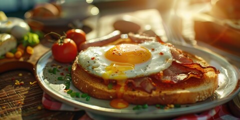 Fototapeta premium Morning Delights: Toast with Sunny Side Up Eggs, Bacon, Hot Dogs, and Veggies - Classic American Breakfast and Brunch Favorites