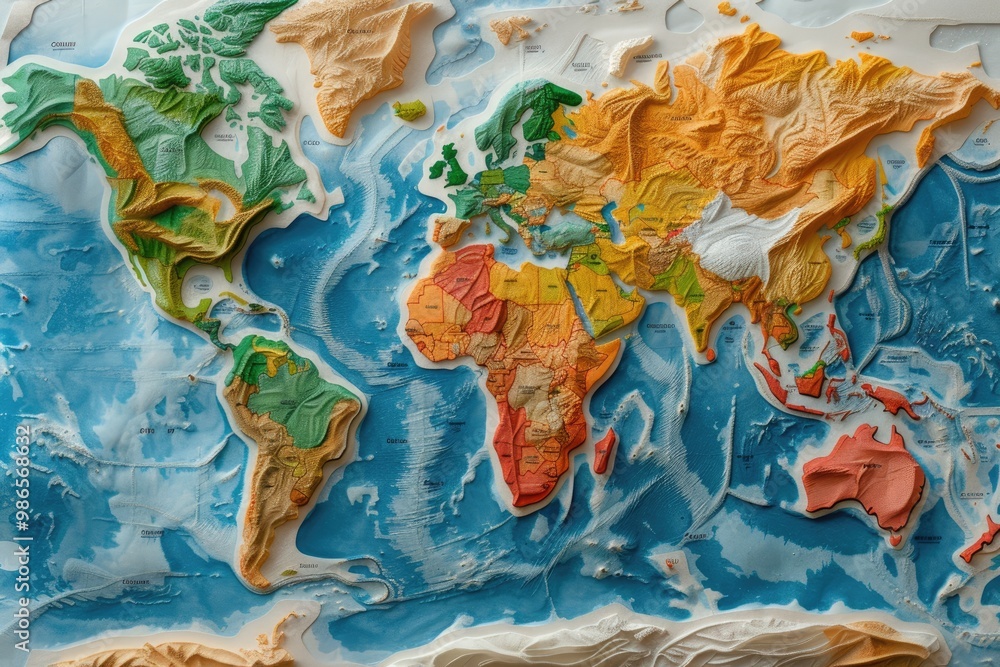 Aufkleber a colorful world map illustrating geographical features and landscapes, with varying hues representi