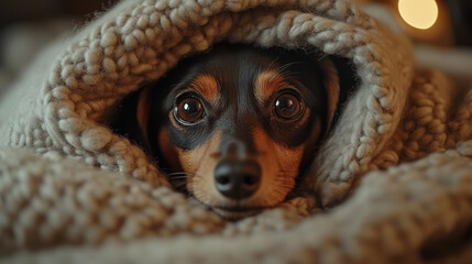 Obraz premium Black And Tan Dachshund Wrapped In Beige Blanket With Soft Focus Background